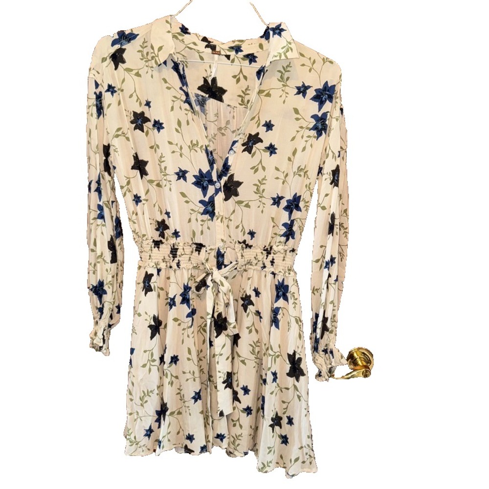 Free People Size XS bue white Lighten Up Dress Tea Combo Floral button Belted